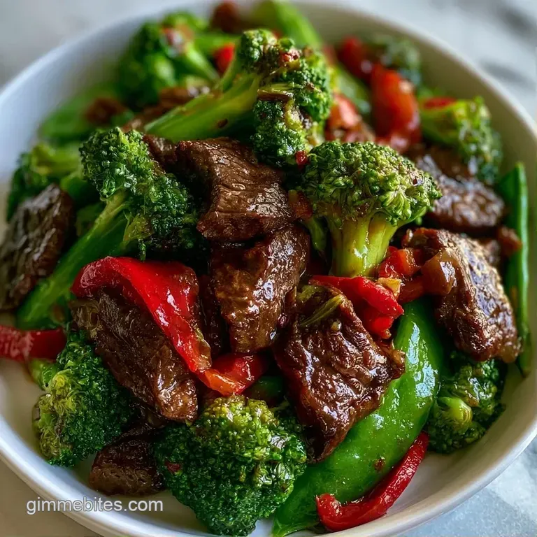 Tender beef and crisp colorful vegetables arranged in a white ceramic bowl, topped with toasted sesame seeds.