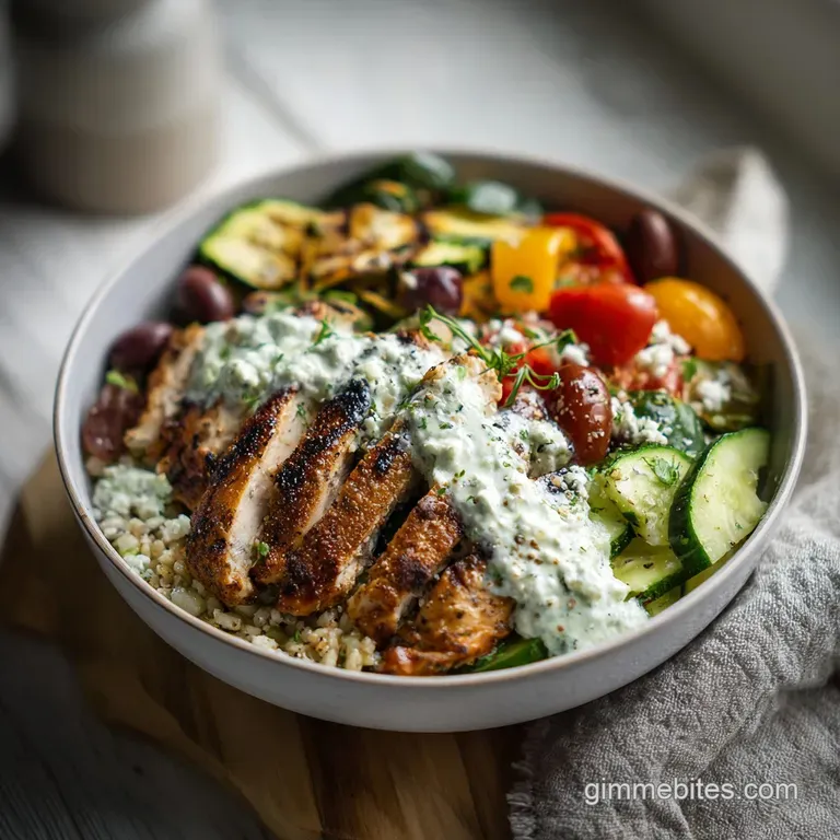 Perfectly grilled chicken slices artfully arranged over fluffy quinoa with a drizzle of zesty dressing.