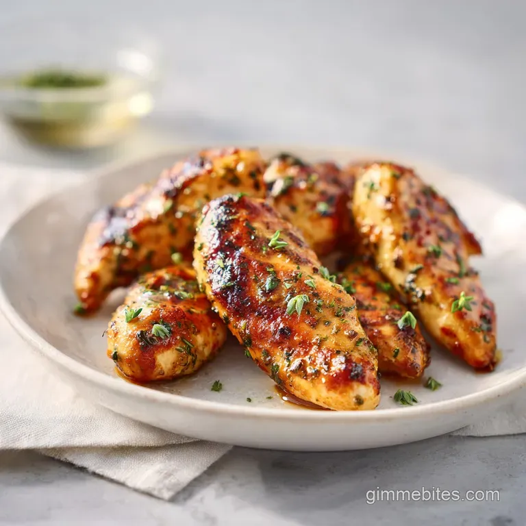 Tender chicken strips with a rich mahogany hue, fanned out beside bright green herbs and a creamy dipping sauce.