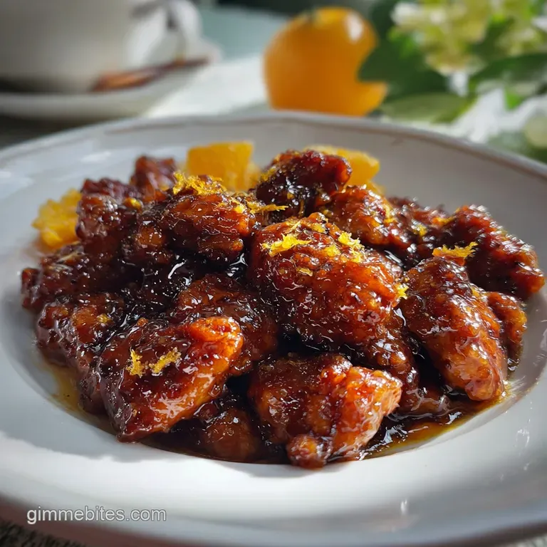 Glossy orange chicken served over fluffy white rice, garnished with bright green scallions, creating an appetizing, balanc...