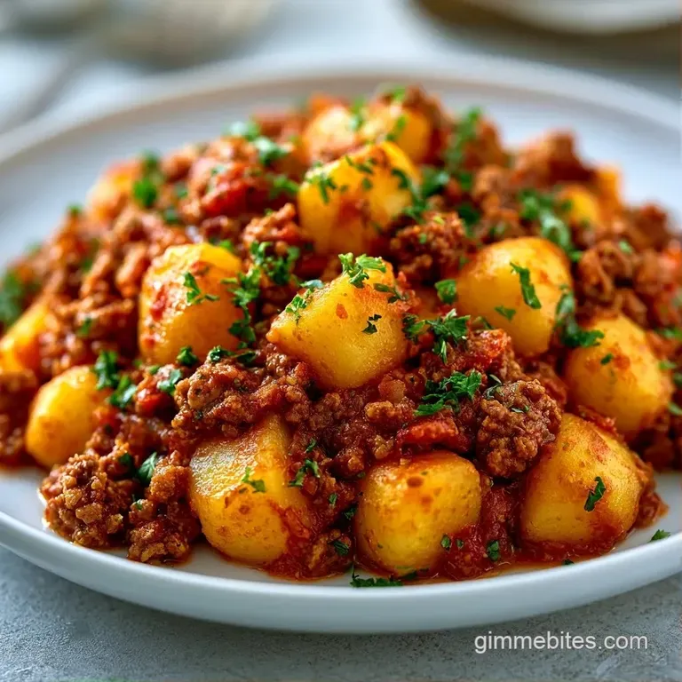 A white ceramic plate featuring tender beef and gold potatoes topped with fresh cilantro and a lime wedge.