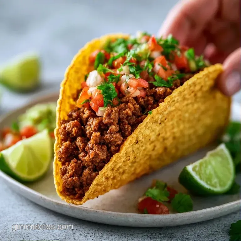 Three crisp corn shells filled with savory meat on a slate platter, served with bowls of lime and fresh cilantro.