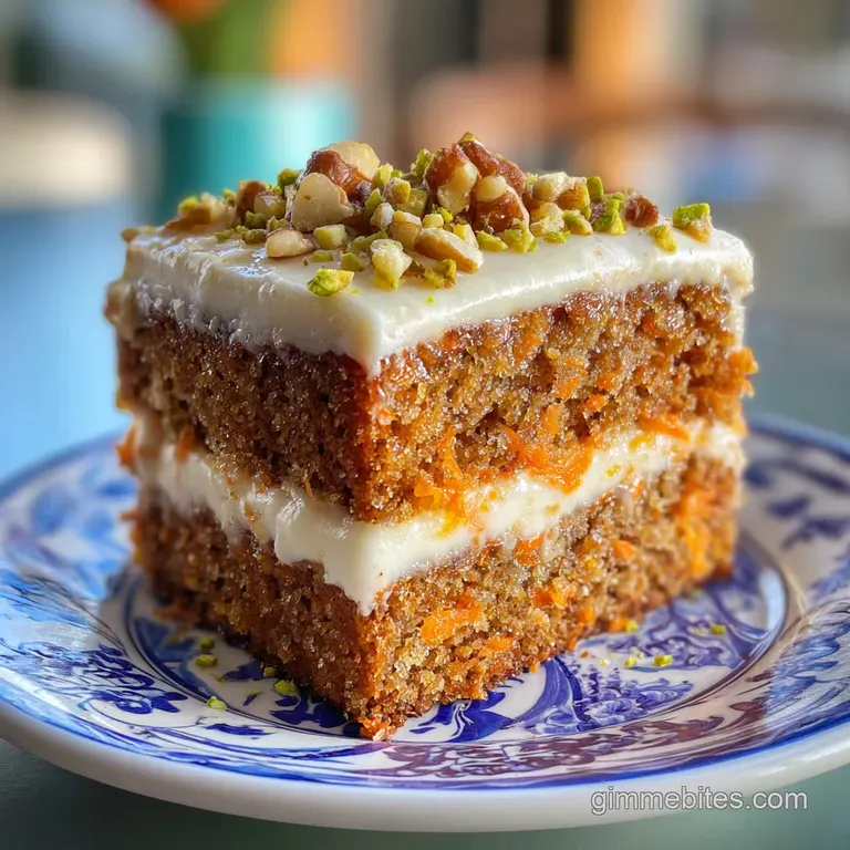 Slice of carrot cake on a white plate showcasing layers of spice cake, sweet pineapple, and creamy, swirled frosting.