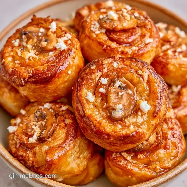 Small golden pastry squares topped with saut&eacute;ed brown mushrooms and a tiny sprig of green thyme on a slate tray.