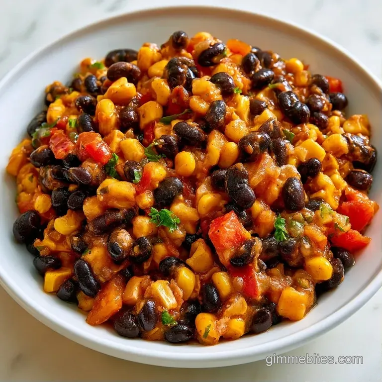 Colorful bean and corn salad served in a white ceramic bowl beside crunchy, golden corn tortilla chips.