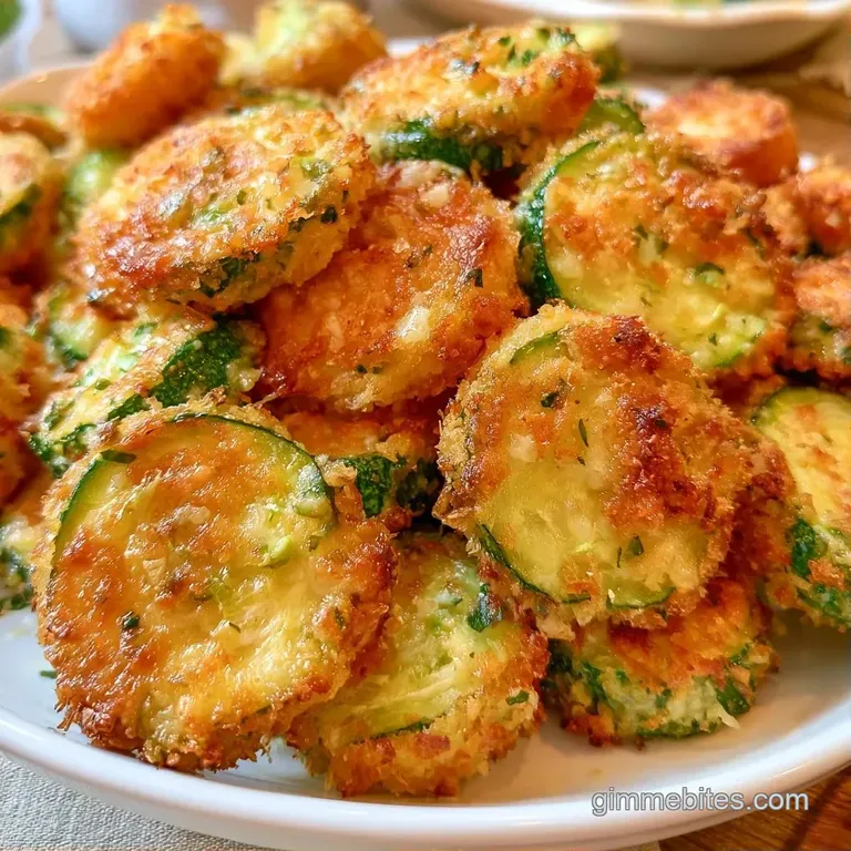 Crispy golden zucchini rounds arranged on a white marble board beside a small bowl of creamy white garlic dip.