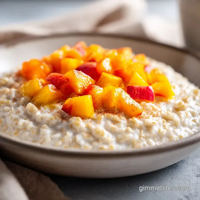Rich, creamy oats in a ceramic bowl, garnished with neatly sliced peaches and a sprinkle of brown cinnamon powder.