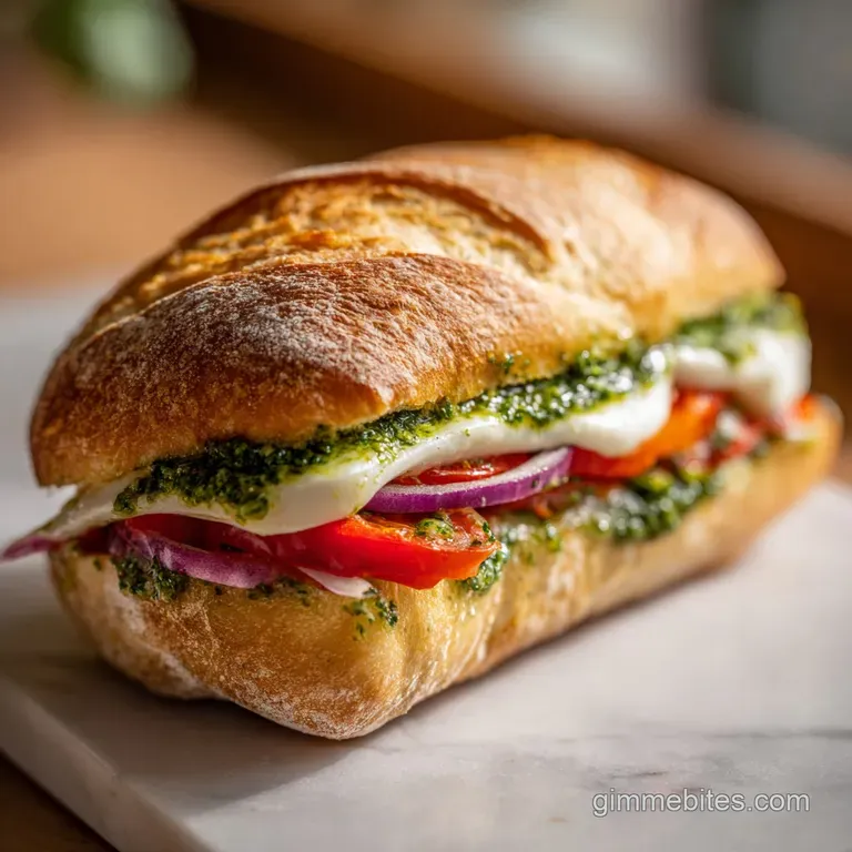 A rustic slice of focaccia, generously filled with basil pesto and melted cheese, artfully arranged.