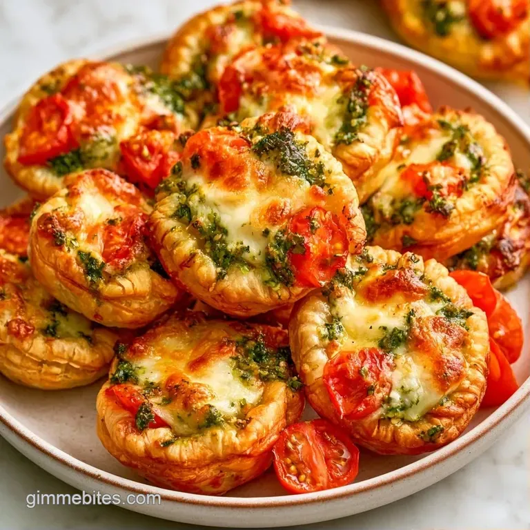 Flaky green-filled pastry bites arranged on a white ceramic platter with fresh basil leaves and creamy dip.