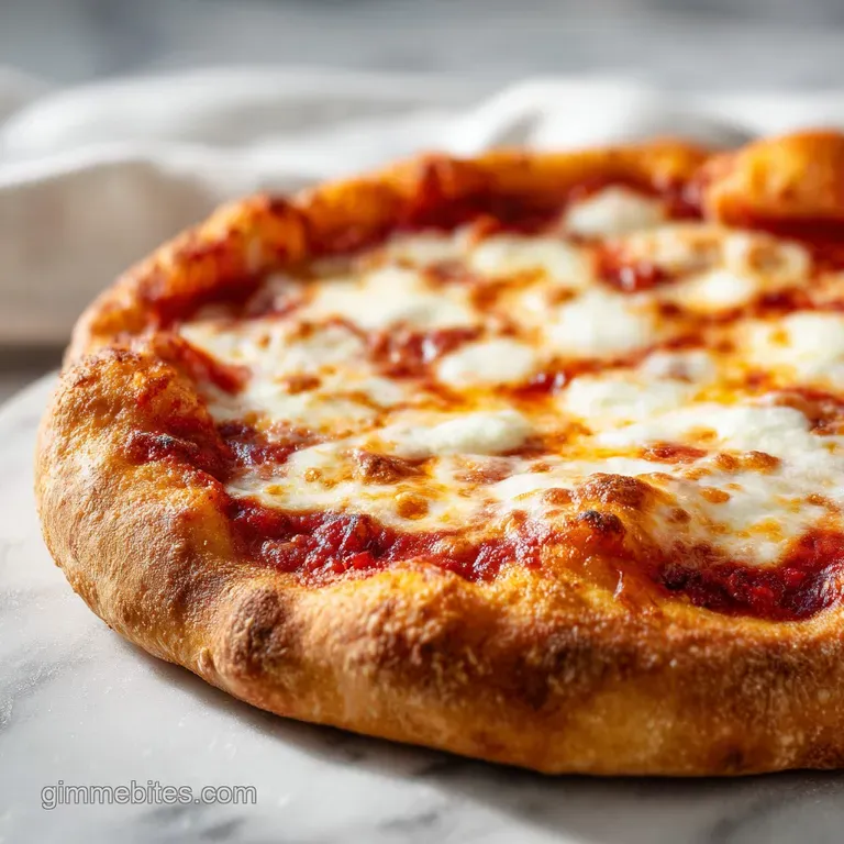 Sliced crust topped with melted bubbly mozzarella and vibrant green basil leaves on a clean white ceramic platter.