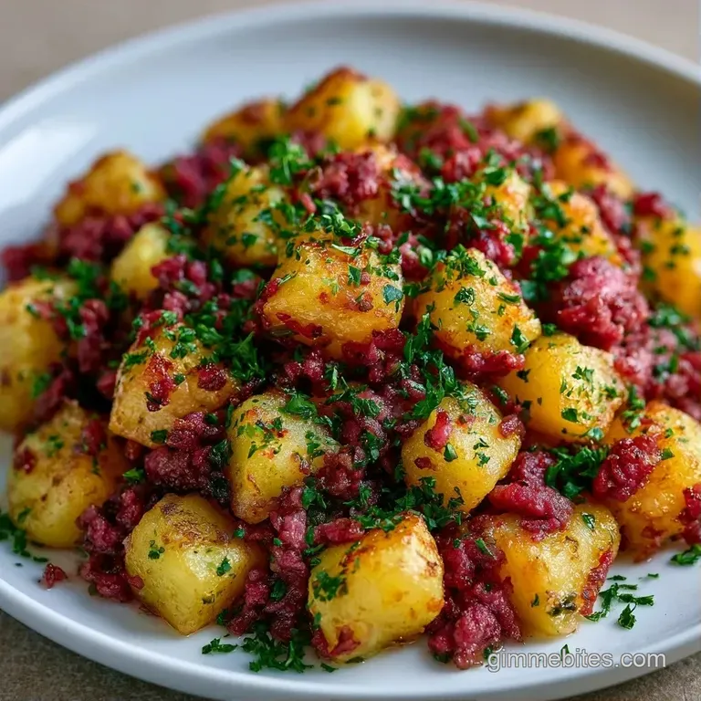 Tender beef and cubed golden potatoes plated in a shallow bowl with a drizzle of rich brown sauce and fresh herbs.