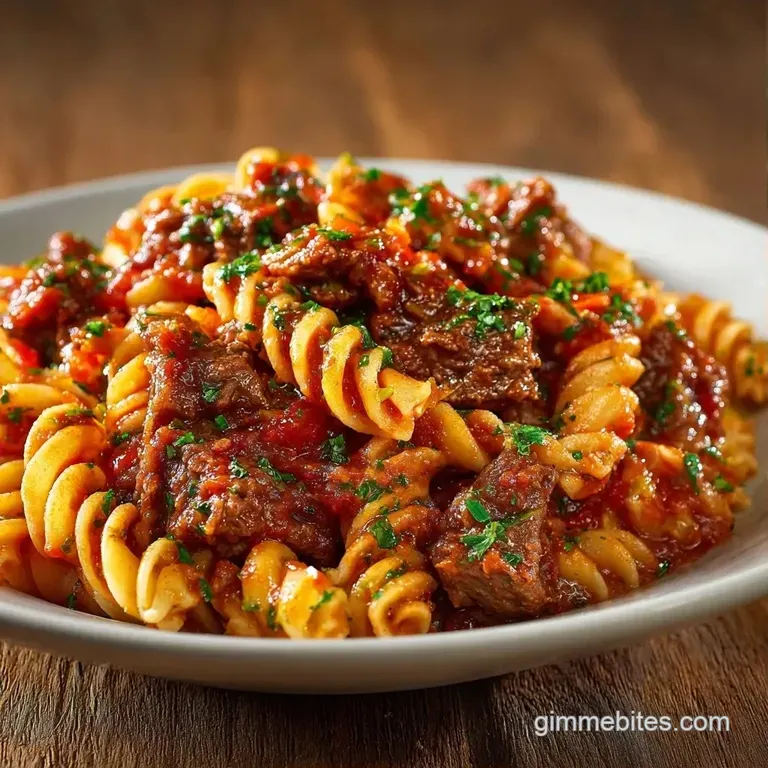 Al dente pasta tossed with savory browned beef and red sauce, topped with fresh green parsley on a black plate.