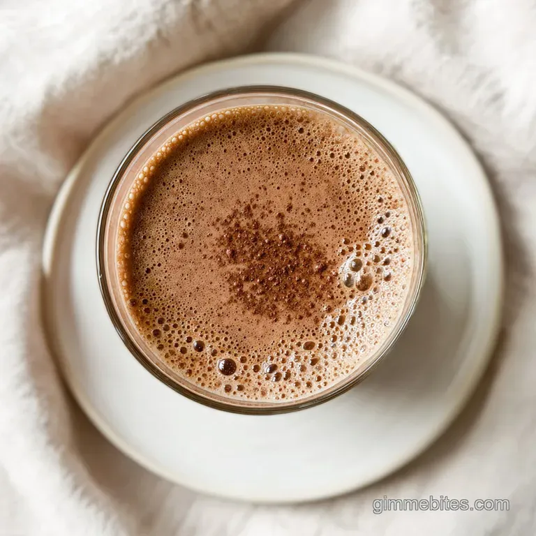 A tall glass of chilled chocolate milk with frothy bubbles, garnished with a chocolate shaving and a straw on a bright bac...