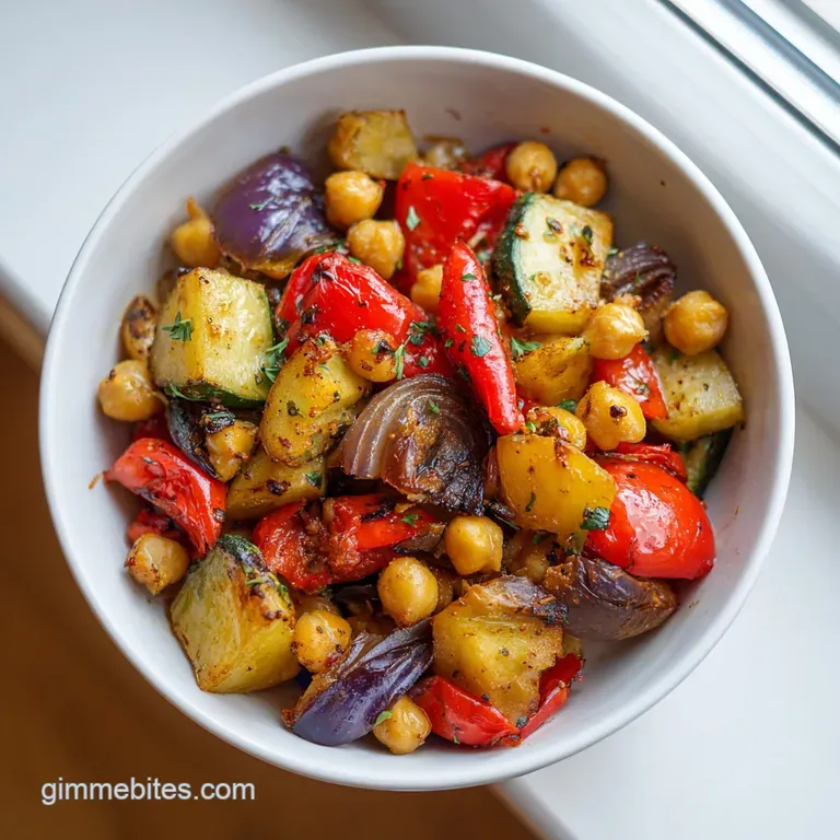 A beautifully arranged bowl showcasing fluffy quinoa, bright vegetables, and golden-brown chickpeas.