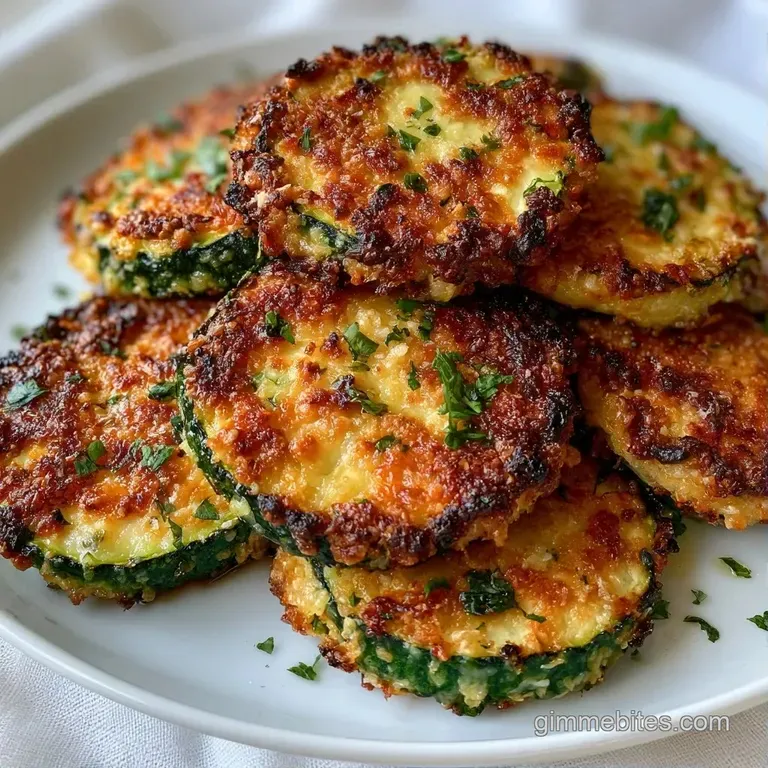 Neatly stacked roasted green rounds with a melted cheese crust, garnished with lemon zest on a white ceramic plate.