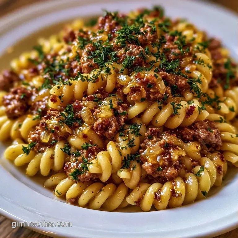 Artfully plated pasta and beef in a shallow bowl, finished with a dusting of white cheese and fresh green herbs.