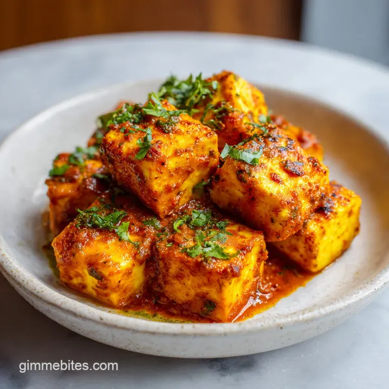 Paneer Mutter elegantly plated: Cilantro sprig atop the simmering, vibrant orange sauce with paneer & bright green peas.