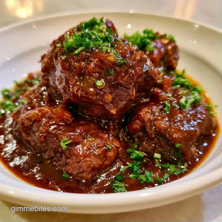 Sliced tender beef on a white plate with a drizzle of glossy brown sauce and a sprig of fresh green parsley.