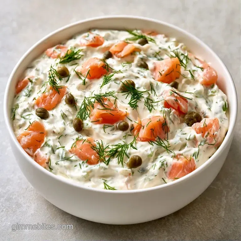 Pale pink creamy dip in a white ceramic bowl surrounded by crisp cucumber slices and golden toasted crackers.