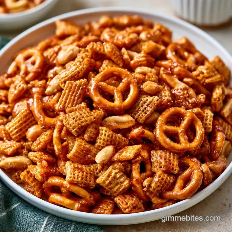 An elegant wooden bowl brimming with crunchy, golden-brown roasted nuts and pretzels served on a minimalist surface.