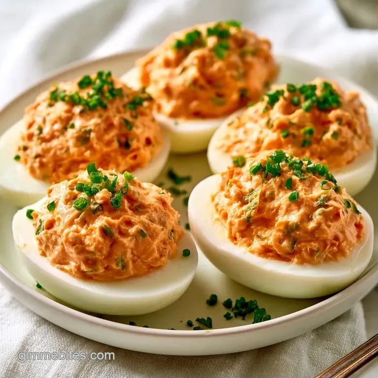 Creamy filled egg halves arranged on a slate platter, garnished with vibrant red sauce and finely chopped chives.