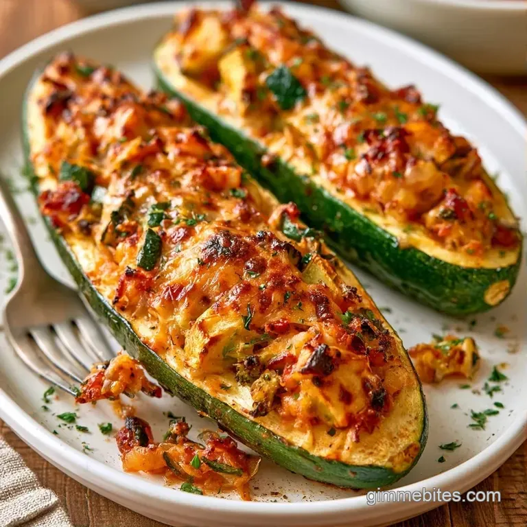 Slices of roasted green squash filled with savory meat and bubbly cheese served on a modern charcoal slate.