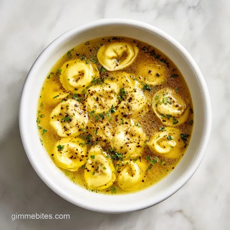 A white ceramic bowl filled with golden pasta in a shimmering clear broth, garnished with fresh herbs and black pepper.