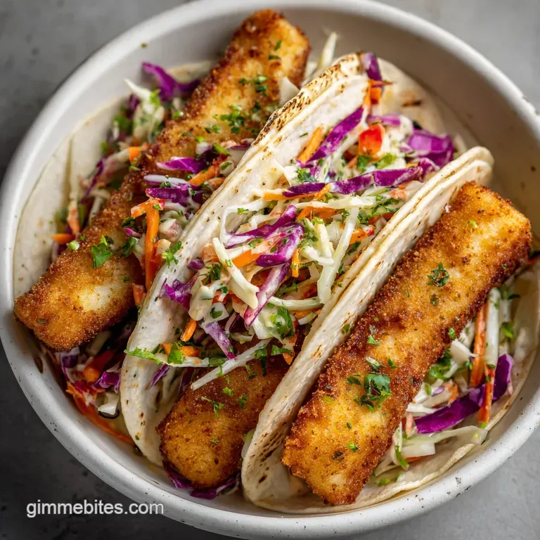 Golden fish sticks in a rustic tortilla, topped with bright, zesty slaw, artfully arranged.