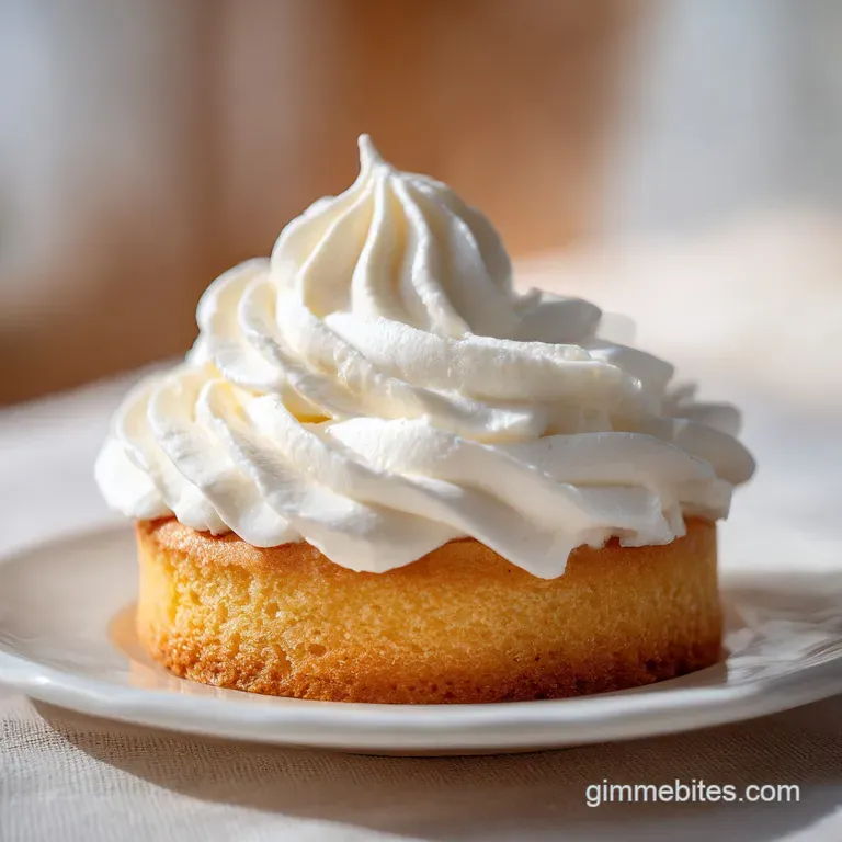 A slice of fluffy white cake on a porcelain plate, accented by fresh raspberries and a dusting of powdered sugar.