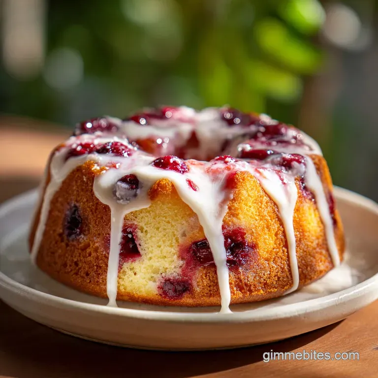 A slice of cherry chip cake on a white plate, glistening frosting catching the light, showing moist, fluffy crumb, vibrant...