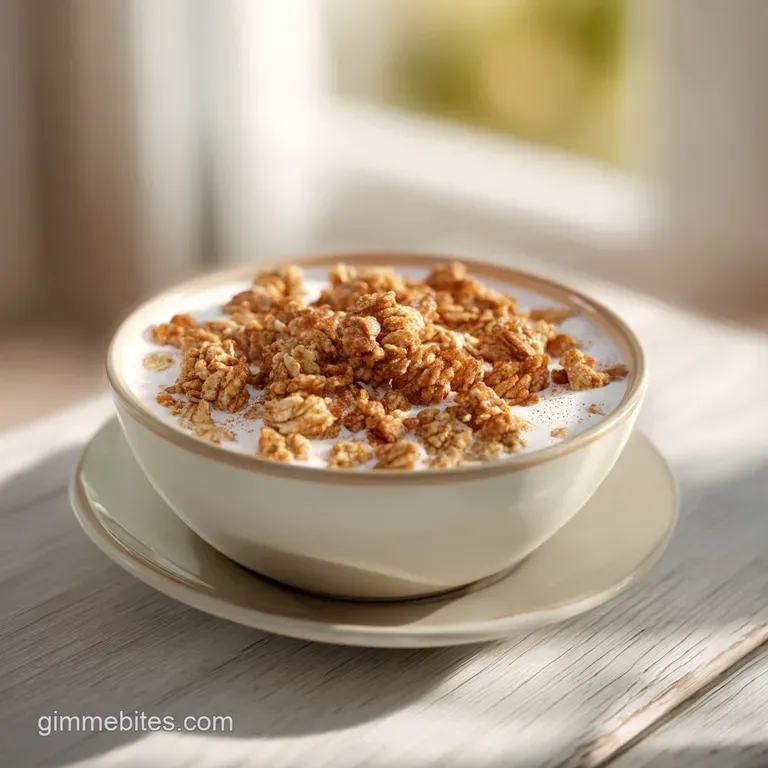 Grape Nuts cereal artfully arranged in a shallow bowl, milk pooling around it, with a dusting of cinnamon. Warm and inviting.