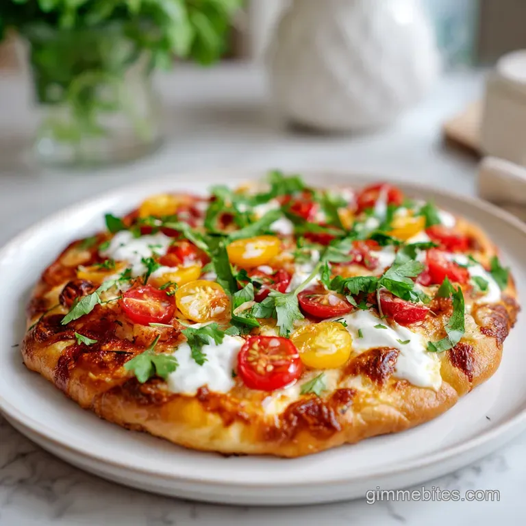 Slice of homemade pizza showing creamy yogurt, vibrant veggies, and golden crust on a white plate. Airy bubbles visible.