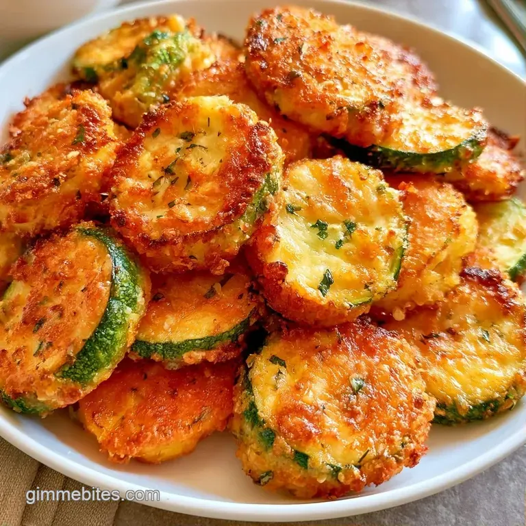 Neatly stacked thin green vegetable discs with bubbly golden-brown cheese on a modern dark slate platter.